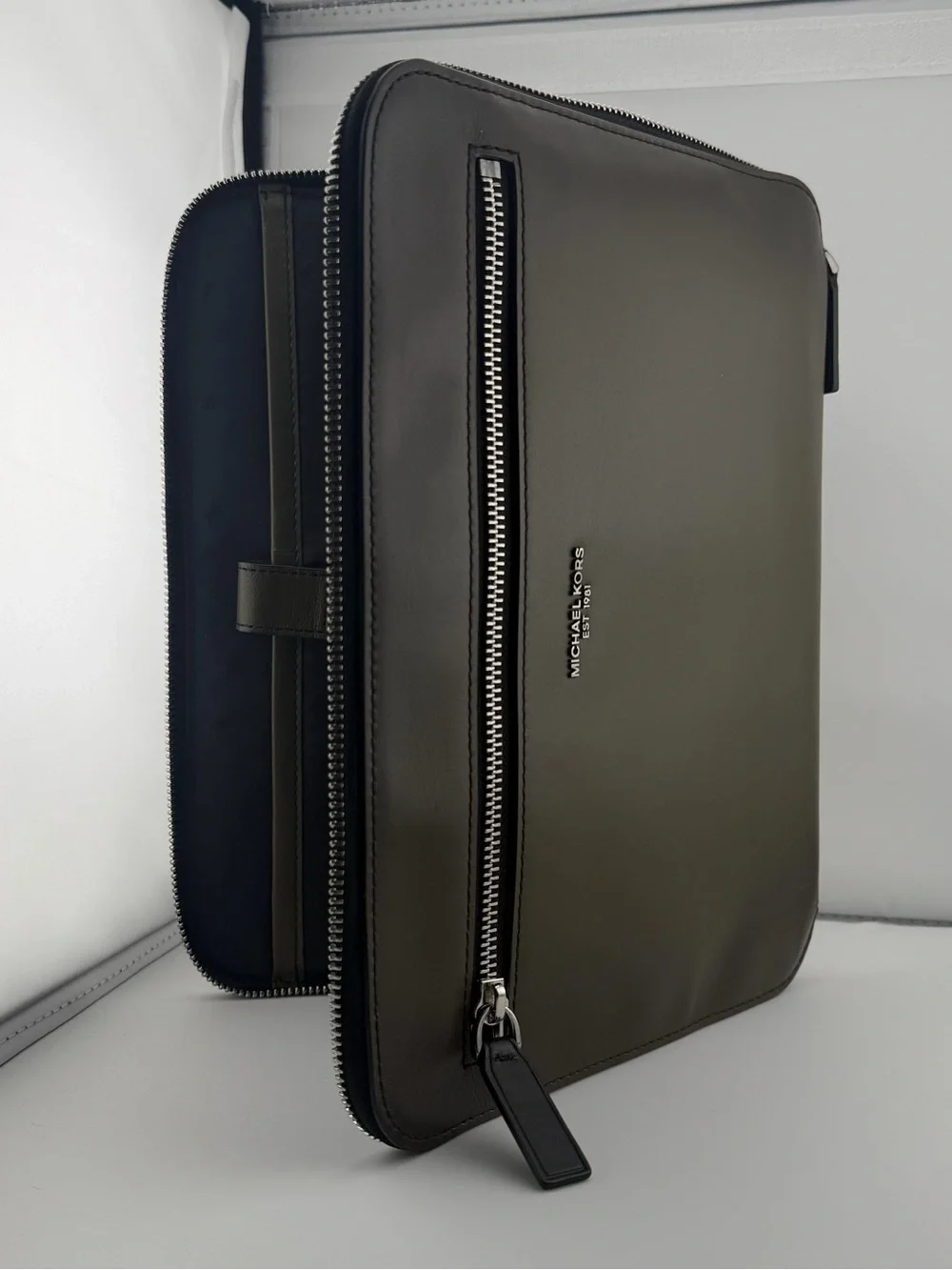 MICHAEL KORS Olive Green Leather 13” Laptop Sleeve with Front Zip